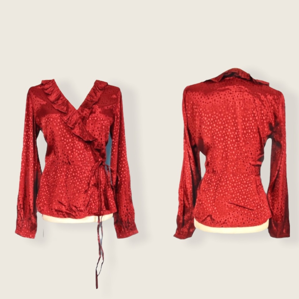 🆕 NWT “Cream” Ladies’ Red Satin Tie-Waist Surplice V-Neck Ruffle Top Blouse 38